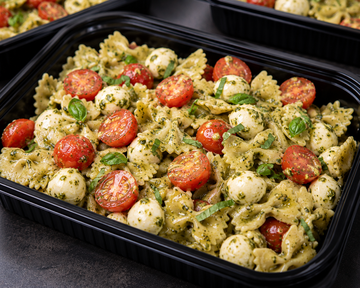 Pesto bowtie pasta with cherry tomatoes, mozzarella