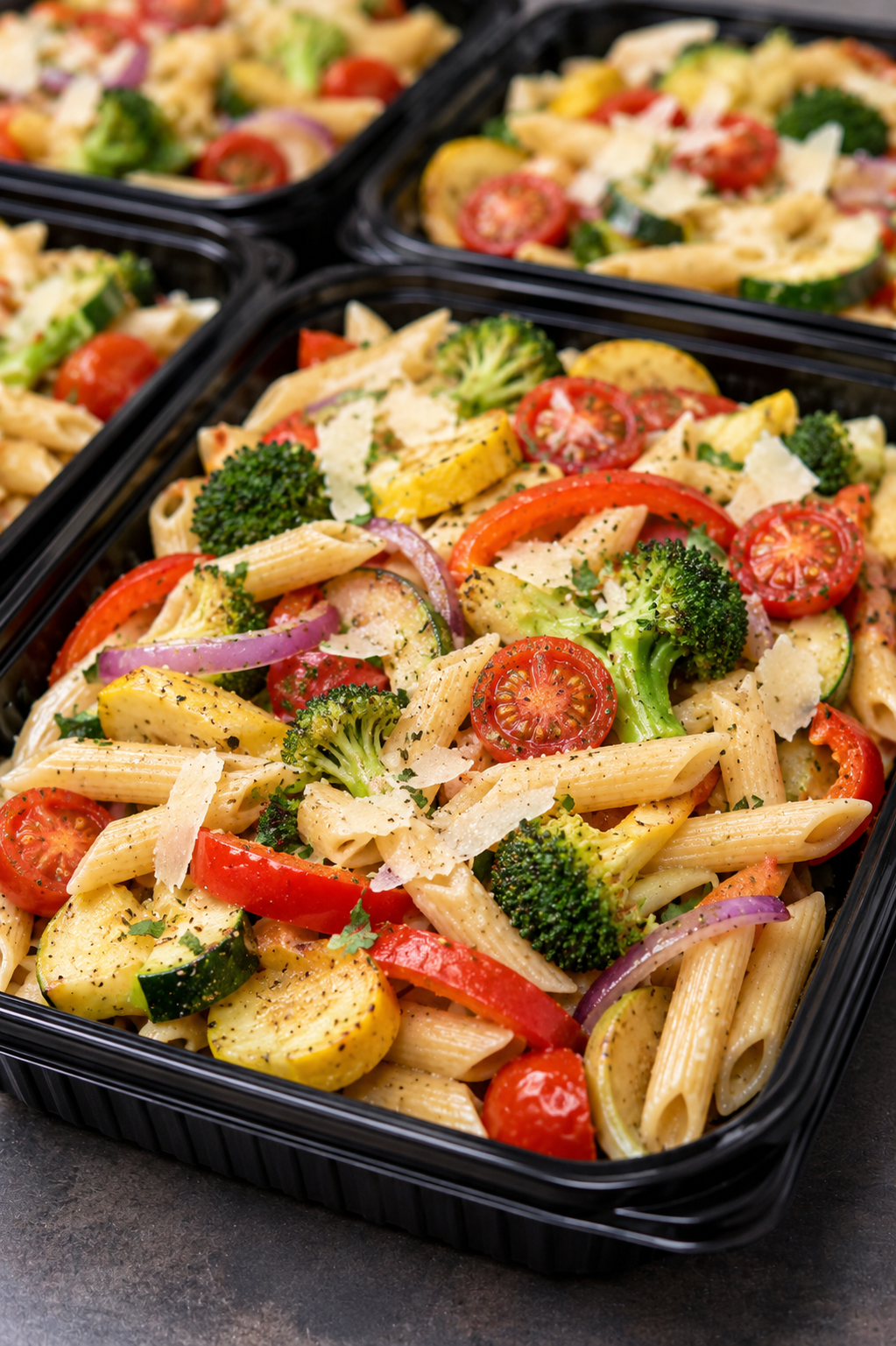 Penne pasta with vegetables in meal-prep containers