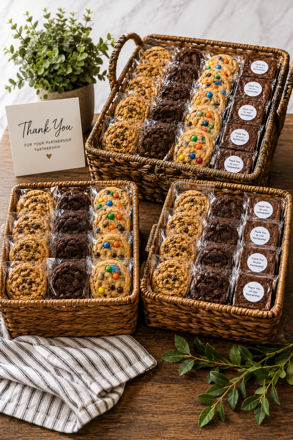 Assorted cookie gift baskets with thank-you card