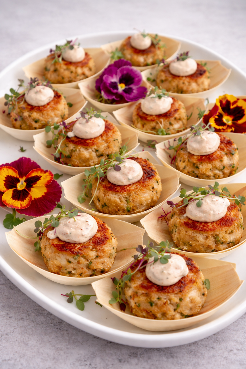 Seafood cakes with aioli and edible flowers