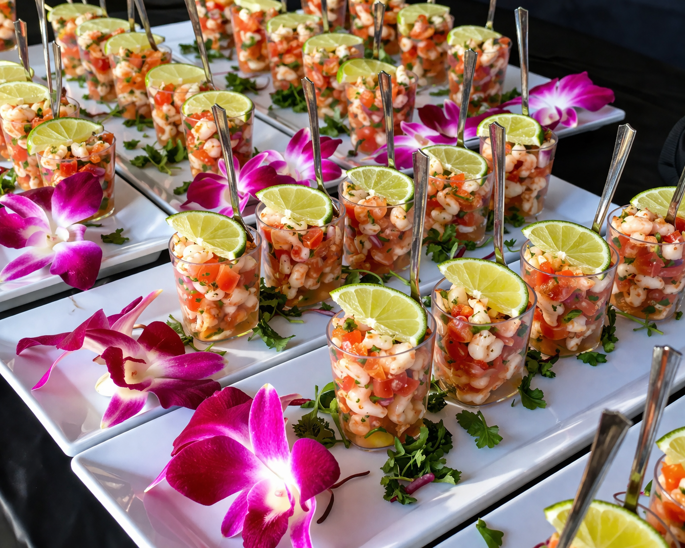 Shrimp ceviche shooters with lime and orchids