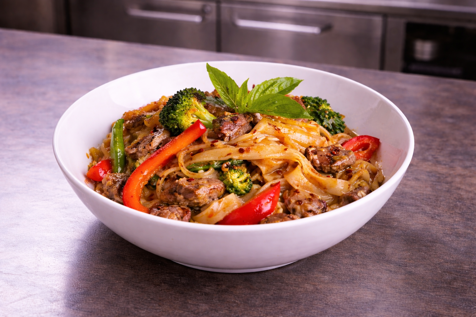 Bowl of stir-fried noodles with beef and broccoli