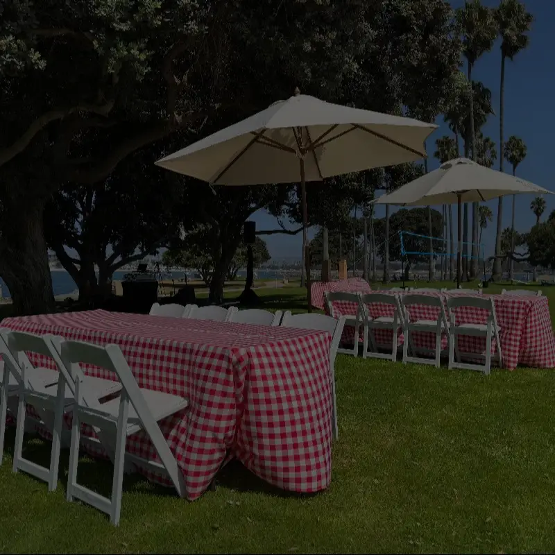 Gingham picnic tables with umbrellas in park