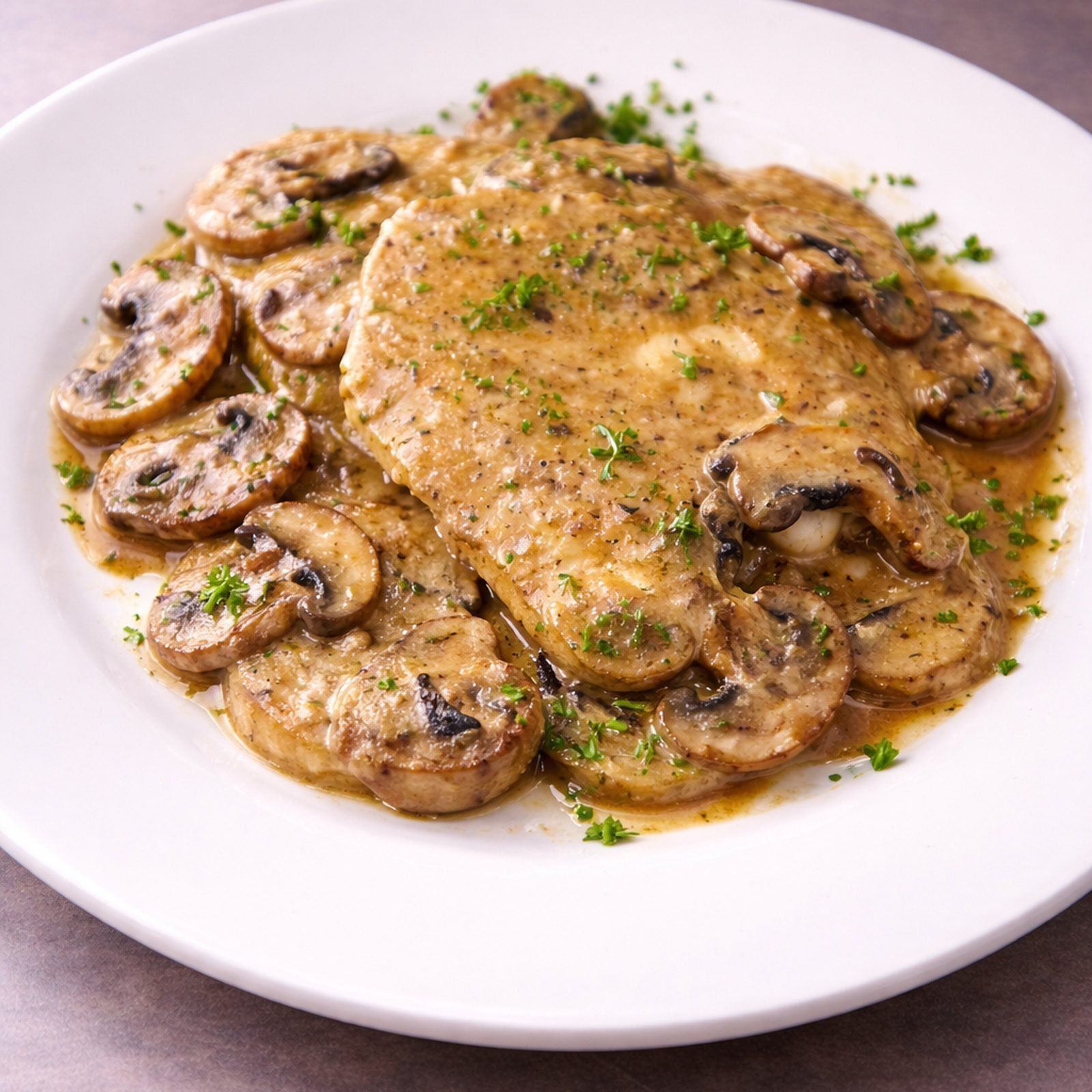 Plate of chicken with mushroom cream sauce
