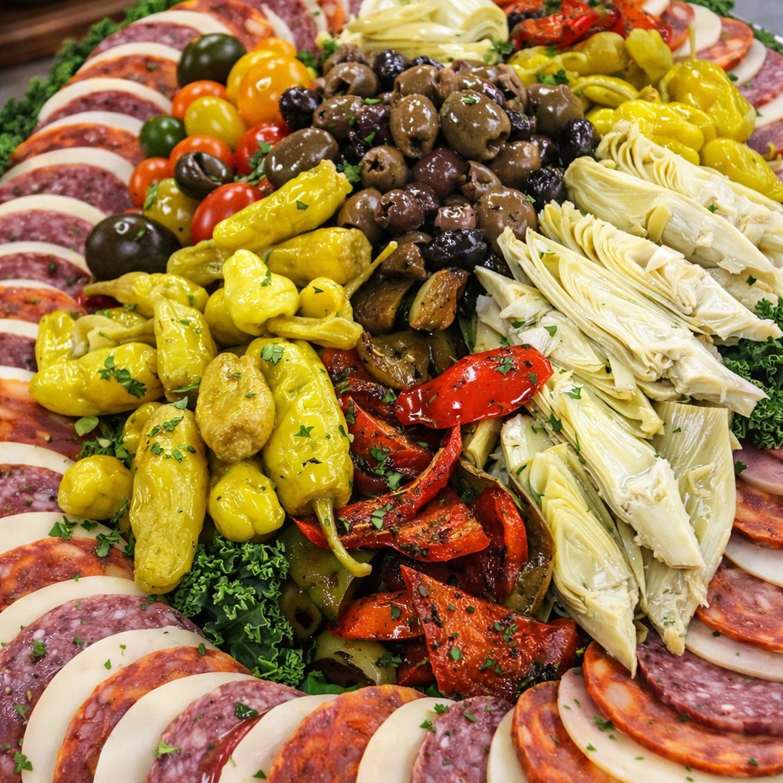 Italian antipasto platter with olives and salami