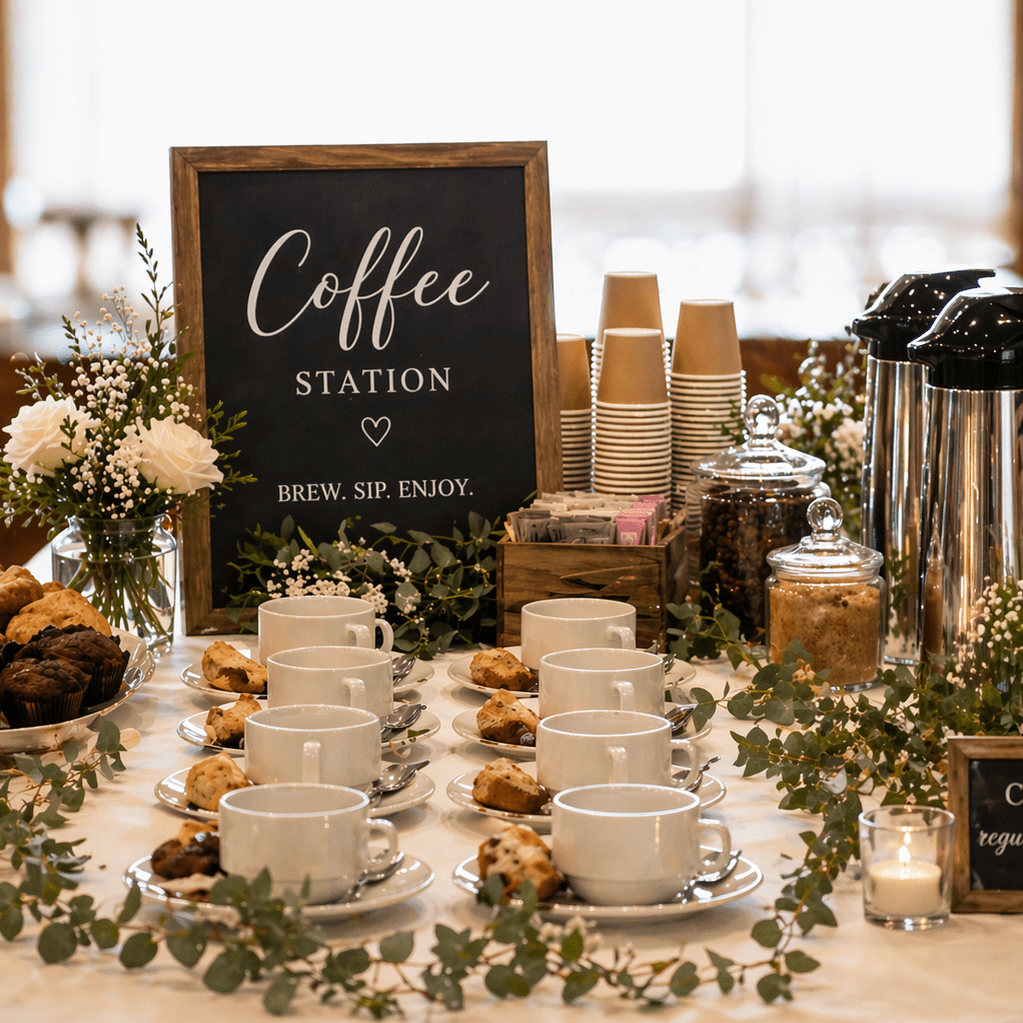 Decorated coffee station with cups and pastries