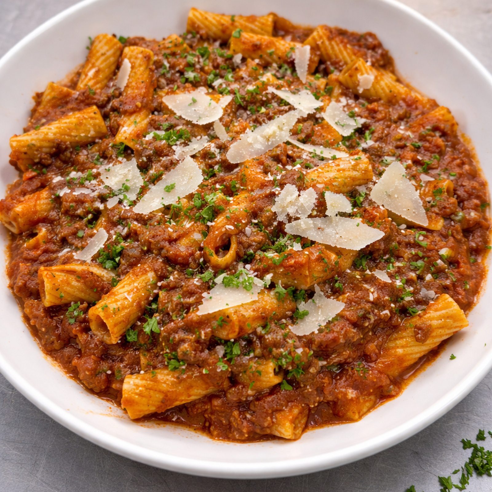Rigatoni in hearty meat ragu with Parmesan