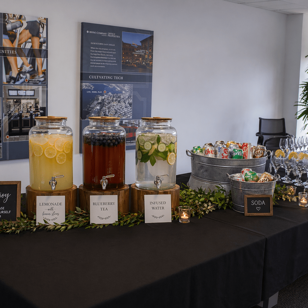 Beverage station with lemon, tea, cucumber waters