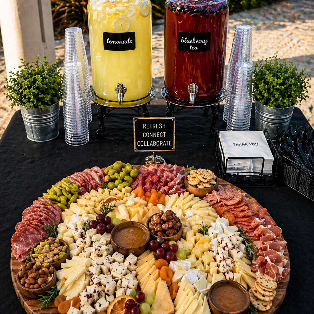 Charcuterie board with lemonade and blueberry tea dispensers