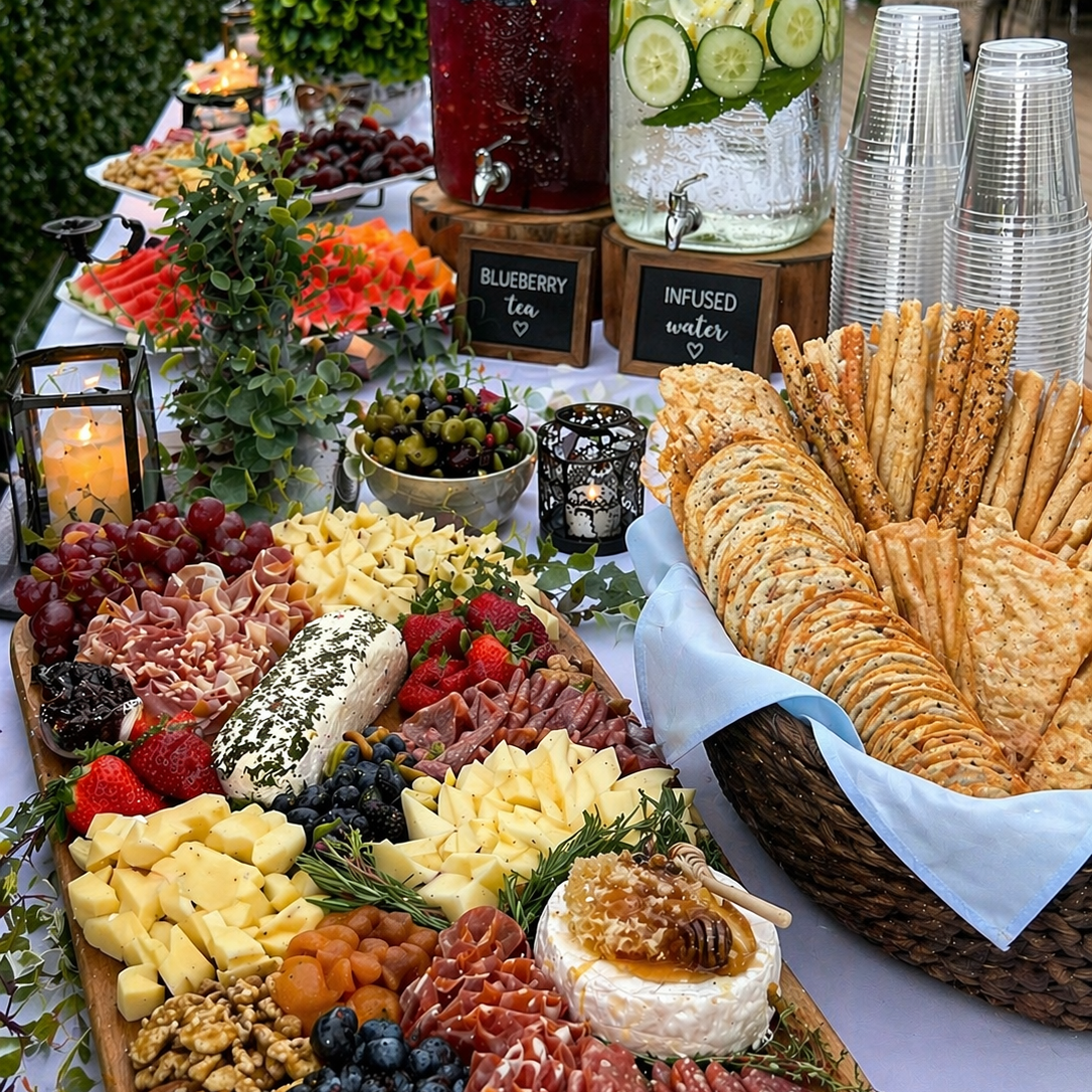 Outdoor charcuterie spread with drinks dispensers