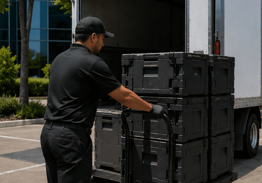 Delivery worker loading black crates into truck