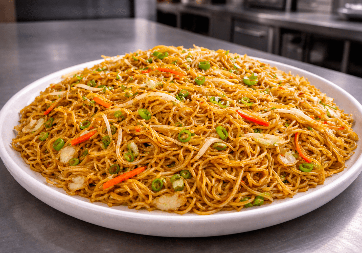 Plate of stir-fried noodles with vegetables