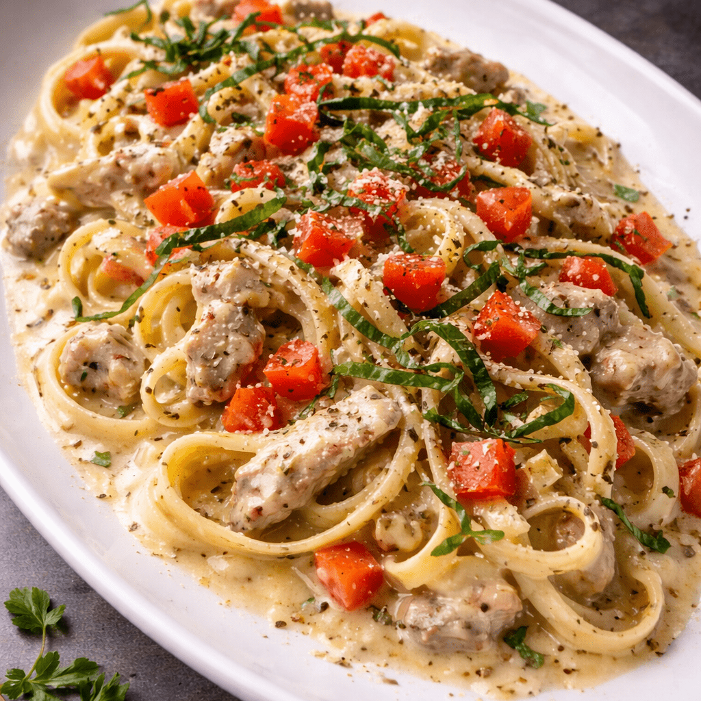 Creamy chicken fettuccine with tomatoes and herbs
