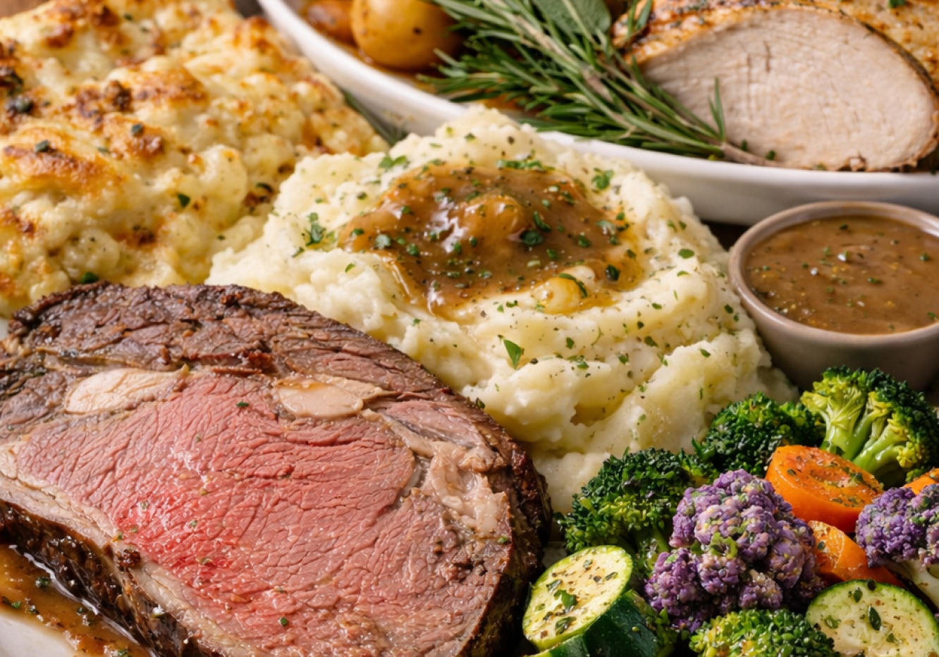Roast beef with mashed potatoes, gravy, vegetables
