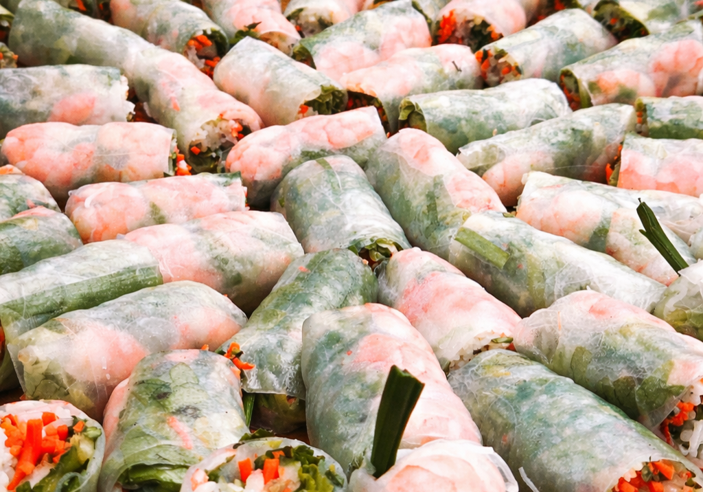 Fresh Vietnamese shrimp spring rolls on platter