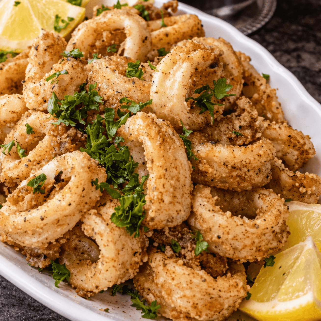 Crispy fried calamari rings with lemon wedges